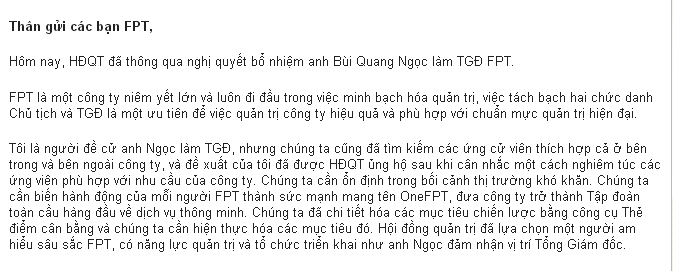 Thư chức mừng tân Tổng Giám đốc FPT của Chủ tịch Trương Gia Bình. Thư chức mừng tân Tổng Giám đốc FPT của Chủ tịch Trương Gia Bình.