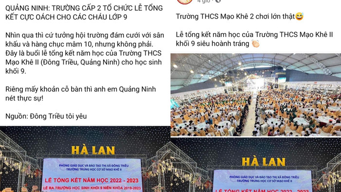 Nhiều trang thông tin trên mạng xã hội Facebook chia sẻ hình ảnh lễ tổng kết có quy mô &quot;khủng&quot; của Trường Trung học cơ sở Mạo Khê II (Ảnh: Facebook)
