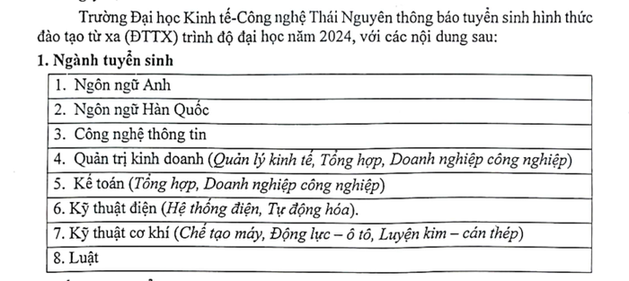 Ảnh chụp từ Thông báo tuyển sinh hình thức đào tạo từ xa trình độ đại học năm 2024 của Trường Đại học Kinh tế - Công nghệ Thái Nguyên. 8.png