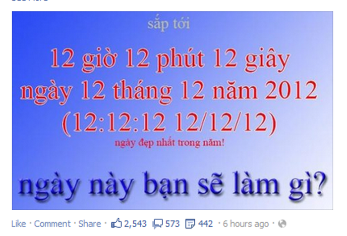 Một bạn có nickname Milky Way nói: "Phải nhanh nhanh thực hiện những điều đặc biệt vào ngày tam trùng cuối cùng của thế lỷ 21 thôi. Chúng ta khó mà sống được đến thế kỷ 22 nên phải tận dụng cơ hội cuối cùng này". Một bạn có nickname Milky Way nói: "Phải nhanh nhanh thực hiện những điều đặc biệt vào ngày tam trùng cuối cùng của thế lỷ 21 thôi. Chúng ta khó mà sống được đến thế kỷ 22 nên phải tận dụng cơ hội cuối cùng này".