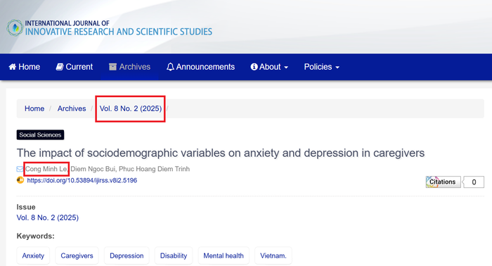 Bài viết The impact of sociodemographic variables on anxiety and depression in caregivers của Tiến sĩ Lê Minh Công được đăng năm 2025. Ảnh chụp màn hình. screenshot-2025-09-01-171555.png
