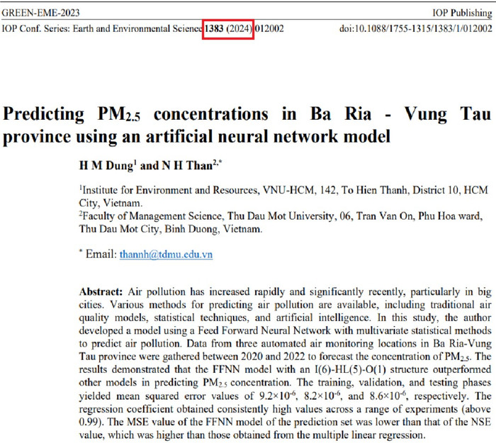 Bài viết Predicting PM2.5 concentrations in Ba Ria - Vung Tau province using Earth and an artificial neural network model của Tiến sĩ Hồ Minh Dũng được xuất bản năm 2024. Ảnh chụp màn hình. screenshot-2025-09-09-003836.jpg