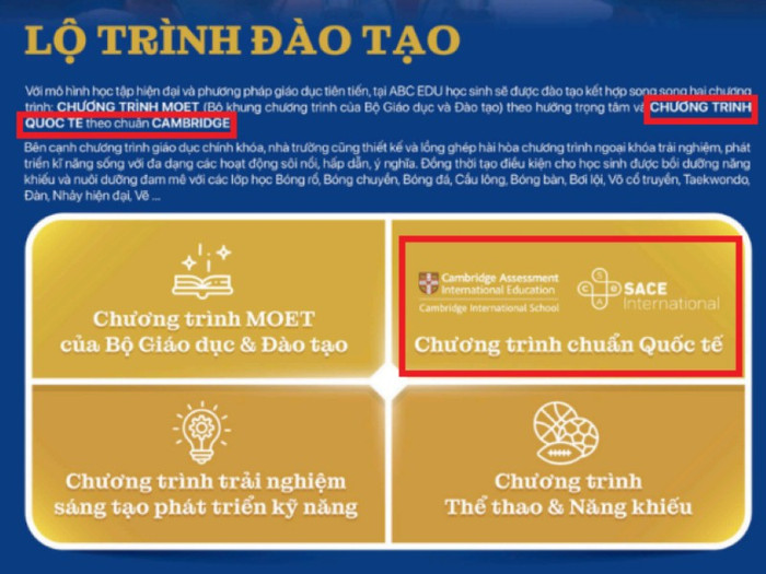 Hệ thống có quảng cáo học sinh được đào tạo kết hợp song song chương trình của Bộ Giáo dục và Đào tạo cùng Chương trình Quốc tế theo chuẩn Cambridge. Ảnh chụp màn hình. screenshot-2025-10-10-133013-3366.jpg