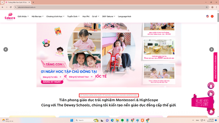 Tuy nhiên, trang chủ của Hệ thống Sakura Schools được phóng viên truy cập vào ngày 23/09/2025 vẫn đang quảng cáo là trường mầm non quốc tế. Ảnh chụp màn hình. screenshot-2025-09-23-163023.png