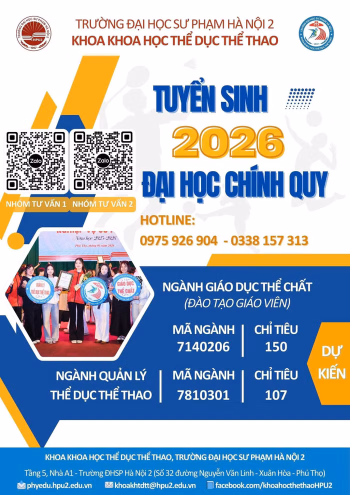 Thông tin tuyển sinh đại học chính quy năm 2026 của khoa Khoa học Thể dục thể thao, Trường Đại học Sư phạm Hà Nội 2. Ảnh: NTCC.