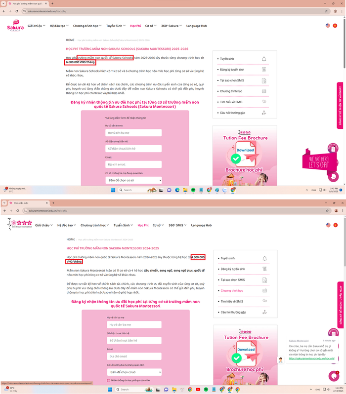 Khi phóng viên tiếp cận website vào ngày 09/09/2025, nhà trường đang để mức học phí năm học 2025-2026 là từ 6.600.000 VNĐ/tháng và quảng cáo là Trường mầm non quốc tế Sakura Schools. Trước đó, nhà trường nêu mức học phí năm học 2024-2025 là từ 4.500.000 VNĐ/tháng. Ảnh chụp màn hình. screenshot-2025-09-09-154336.png