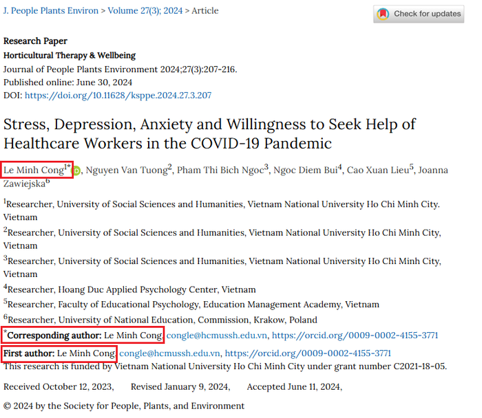 Bài viết Stress, Depression, Anxiety and Willingness to Seek Help of Healthcare Workers in the COVID-19 Pandemic được đăng trên tạp chí Journal of People, Plants, and Environment (Q2) của Tiến sĩ Lê Minh Công. Ảnh chụp màn hình. screenshot-2025-09-04-103308.png