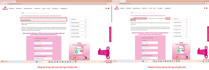 Thông tin về học phí trên website trước khi Tạp chí phản ánh (ảnh bên trái) và thông tin ghi học phí sau khi Tạp chí phản ánh (bên phải). sakura-thong-tin-hoc-phi.jpg