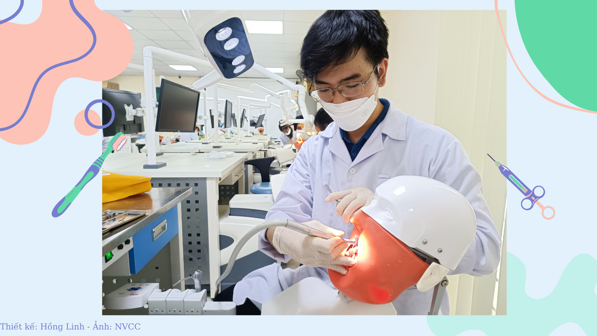 Em Mẫn Văn Tiến thực hành trong labo mô phỏng của khoa Răng Hàm Mặt. Ảnh: NVCC. thủ khoa mẫn văn tiến 3.png