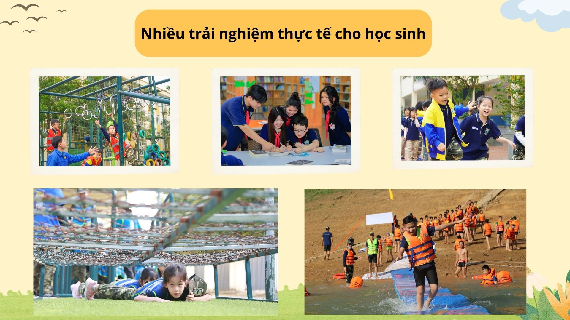Một trong những điểm nổi bật của Hệ thống Trường Xanh Tuệ Đức là khu rèn luyện Westpoint, nơi học sinh có thể khám phá bản thân thông qua gần 200 thử thách cả dưới mặt đất và trên cao. Yellow Green Cute Playful Illustrated Group Project Presentation.jpg