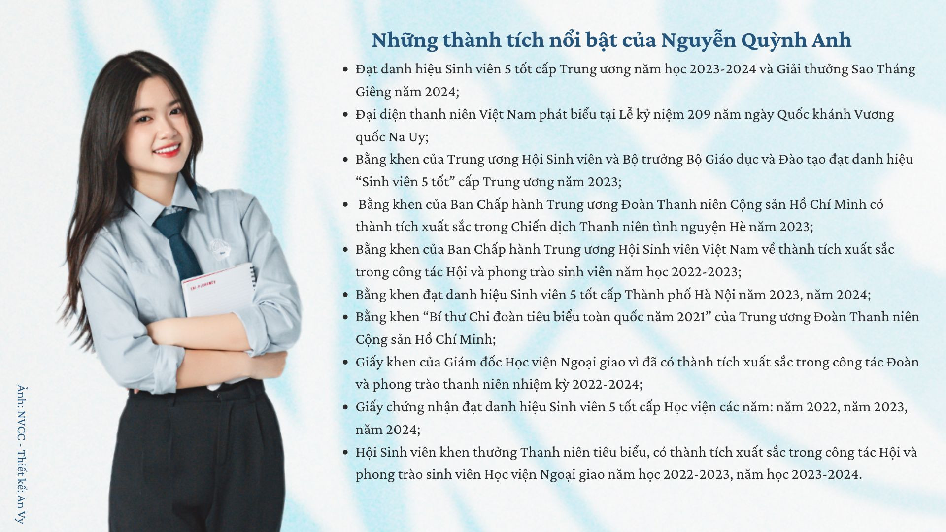 Bảng thành tích nổi bật của Nguyễn Quỳnh Anh. (Ảnh: NVCC - Thiết kế: An Vy) GDVN-STG Ng Quynh Anh thanh tich.jpg