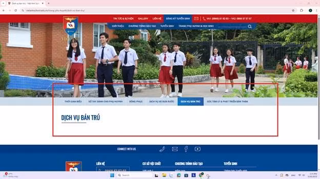 Dịch vụ bán trú cũng không được hiển thị thông tin trên website nhà trường. Ảnh chụp màn hình ngày 26/5.