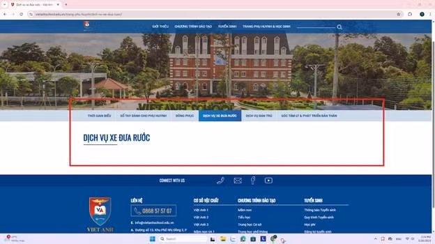 Dịch vụ xe đưa rước cũng không được hiển thị thông tin trên website nhà trường. Ảnh chụp màn hình ngày 26/5.