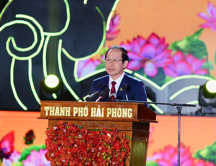 Ông Lê Tiến Châu - Bí thư Thành ủy Hải Phòng đọc diễn văn tại Lễ kỷ niệm. (Ảnh: CTV) hp-le-hoi-hoa-phuong-do-2025-3.jpg