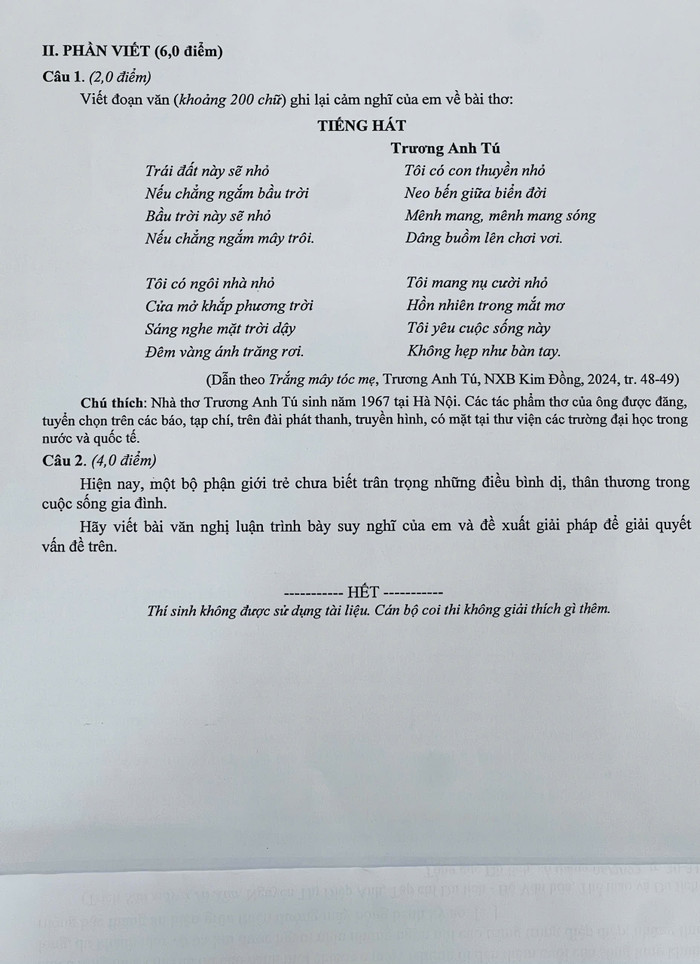 Đề thi môn Ngữ văn tại Hải Phòng được đánh giá là hay và vừa sức với thí sinh (Ảnh: LT) de-ngu-van-2.jpg
