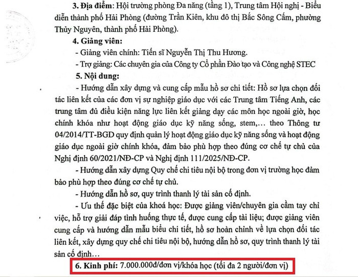 Nội dung và kinh phí lớp tập huấn được thông báo trước đó. Ảnh chụp màn hình tap-huan.jpg