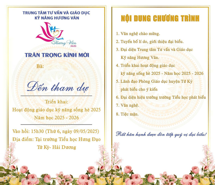Giấy mời Trung tâm Hương Vân phát hành mời các trường tiểu học triển khai hoạt động giáo dục kỹ năng sống hè 2025 (Ảnh: LT) huong-van-1.jpg