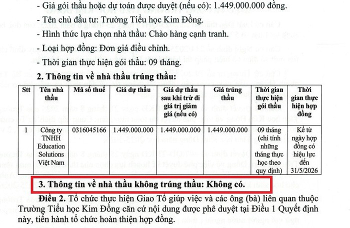 Education Solutions Việt Nam là đơn vị duy nhất tham gia và trúng thầu tại Trường Tiểu học Kim Đồng. Ảnh chụp màn hình nha-thau-1.jpg
