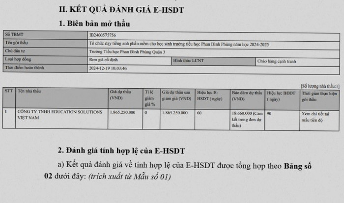 Gói thầu tại Trường Tiểu học Phan Đình Phùng chỉ có một mình Công ty Trách nhiệm hữu hạn Education Solutions Việt Nam tham gia đấu thầu. Ảnh chụp màn hình Gói thầu tại Trường Tiểu học Phan Đình Phùng chỉ có một mình Công ty Trách nhiệm hữu hạn Education Solutions Việt Nam tham gia đấu thầu. Ảnh chụp màn hình