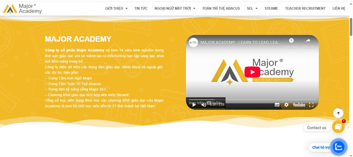 Phần giới thiệu về Công ty cổ phần Major Academy trên website. Ảnh chụp màn hình 1758856181709.png