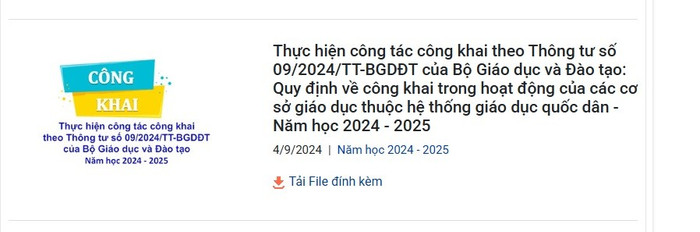 File báo cáo năm học 2024-2025 của trường chỉ hiện thị kế hoạch và quyết định về việc công khai. Ảnh chụp màn hình thu-chi-1.jpg