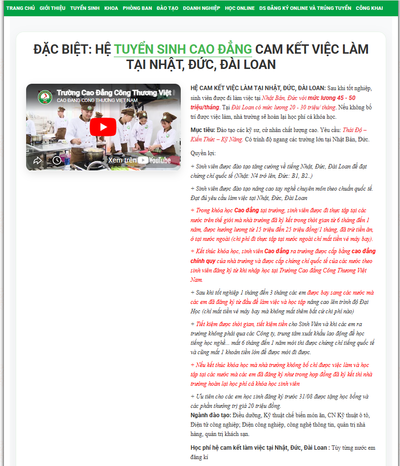 Ảnh chụp màn hình trên website Trường Cao đẳng Công thương Việt Nam.
