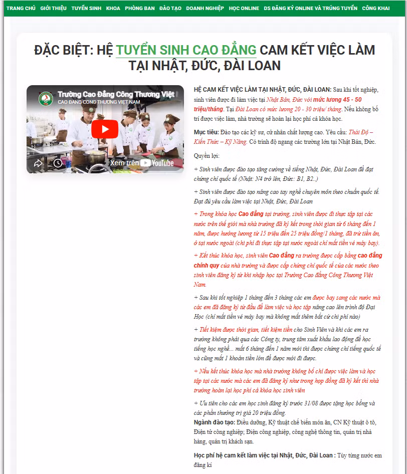 Ảnh chụp màn hình trên website Trường Cao đẳng Công thương Việt Nam.