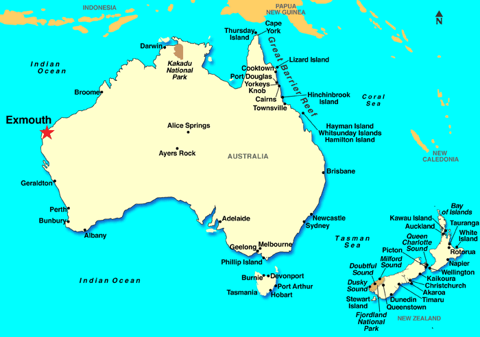 Thị trấn nhỏ Exmouth (ngôi sao màu đỏ) ở khu vực tây bắc Australia là nơi quân Mỹ sẽ lắp đặt siêu radar C-band.