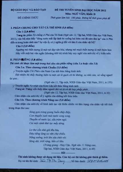 Đề thi môn Văn khối D có câu 2 (3 điểm) yêu cầu thí sinh làm một bài văn ngắn phát biểu cảm nghĩ của mình về ý kiến được nêu trong đề thi.