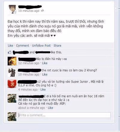 "Tuyên ngôn" của một fan Suju đã khiến chính bạn bè của cậu ta phải sốc. (Ảnh chụp từ màn hình)