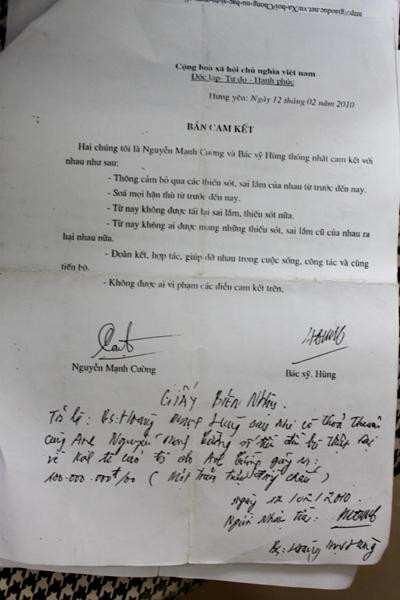 Bản cam kết giữa ông Cường và ông Hùng - chồng bà N. Bản cam kết giữa ông Cường và ông Hùng - chồng bà N.