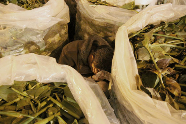 Người thì ngồi thu lu dưới đất giữa những sọt hàng.