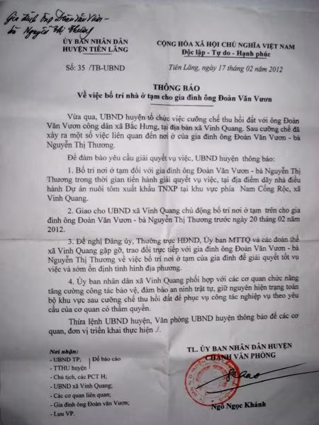 Thông báo của UBND huyện Tiên Lãng gửi tới bà Hiền.