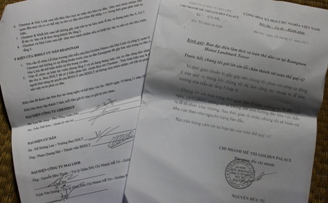 Các biên bản làm việc, thư xin lỗi từ phía Mai Linh gửi các hộ dân sinh sống tại Keangnam. (Ảnh Nam Phong) Các biên bản làm việc, thư xin lỗi từ phía Mai Linh gửi các hộ dân sinh sống tại Keangnam. (Ảnh Nam Phong)