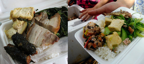 Hộp cơm 25.000 đồng ở căng tin Bệnh viện Nhi Trung ương và cơm 5.000 đồng (phải) của Trung. Hộp cơm 25.000 đồng ở căng tin Bệnh viện Nhi Trung ương và cơm 5.000 đồng (phải) của Trung.