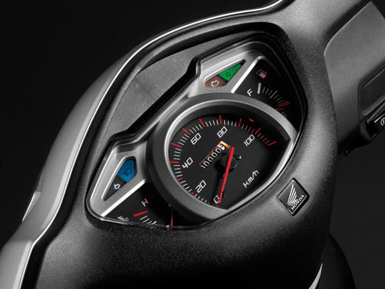 Bảng đồng hồ đo tốc độ được đặt ngay chính giữa hai bên là đồng hồ nhiên liệu và nhiệt độ cho két nước. Phía trên là đèn báo xi-nhan và đèn của hệ thống phun xăng điện tử PGM - FI.