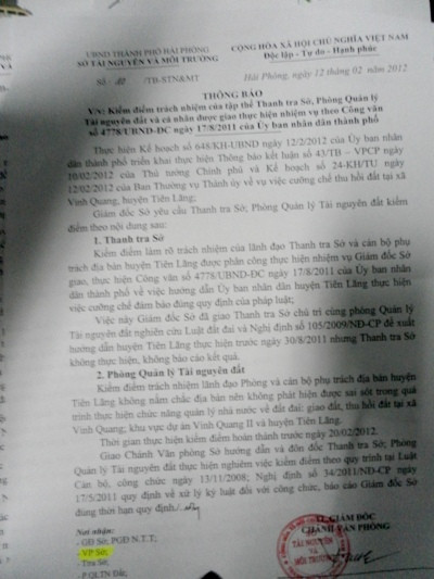 Văn bản của GĐ Sở TN&MT yêu cầu kiểm điểm các tập thể cá nhân sai sót, thiếu trách nhiệm trong vụ cưỡng chế thu hồi đất của ông Vươn. Văn bản của GĐ Sở TN&MT yêu cầu kiểm điểm các tập thể cá nhân sai sót, thiếu trách nhiệm trong vụ cưỡng chế thu hồi đất của ông Vươn.