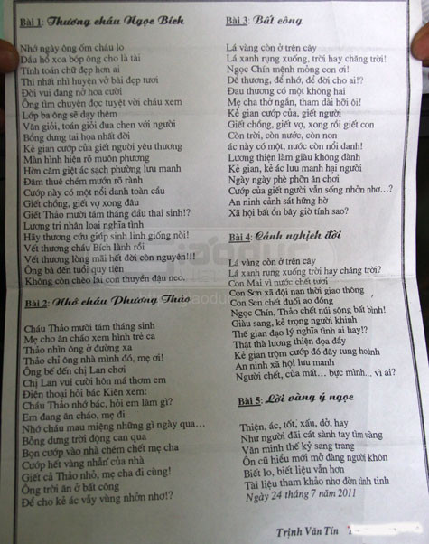 Ông Trịnh Văn Tín khóc con, khóc cháu bằng những vần thơ. Ông Trịnh Văn Tín khóc con, khóc cháu bằng những vần thơ.