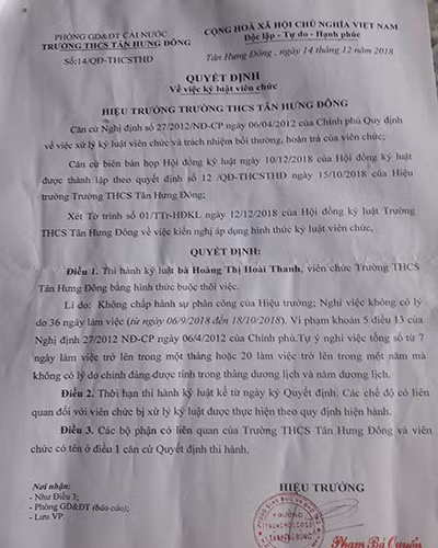 Quyết định buộc thôi việc của bà Hoàng Thị Thanh từ Trường Tân Hưng Đông (ảnh: CTV)