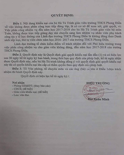 Trích kết luận 109, do Hiệu trưởng Trường Phong Điền ký ngày 21/11/2017 (ảnh: P.L) Trích kết luận 109, do Hiệu trưởng Trường Phong Điền ký ngày 21/11/2017 (ảnh: P.L)