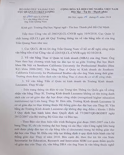 Văn bản trả lời bằng cấp của ông Trần Quang Nam từ Cục Quản lý chất lượng (ảnh: P.L)