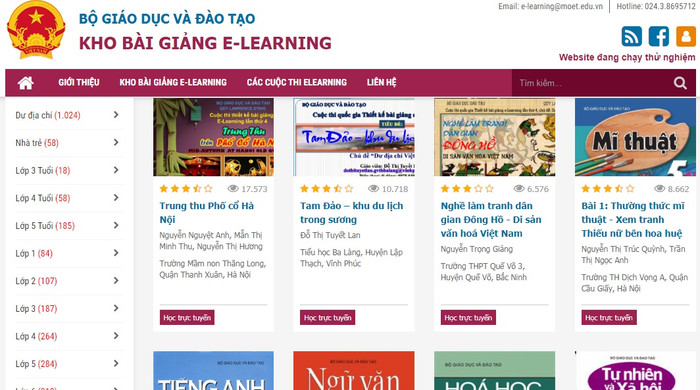 Giao diện kho bài giảng E-learning của Bộ Giáo dục và Đào tạo