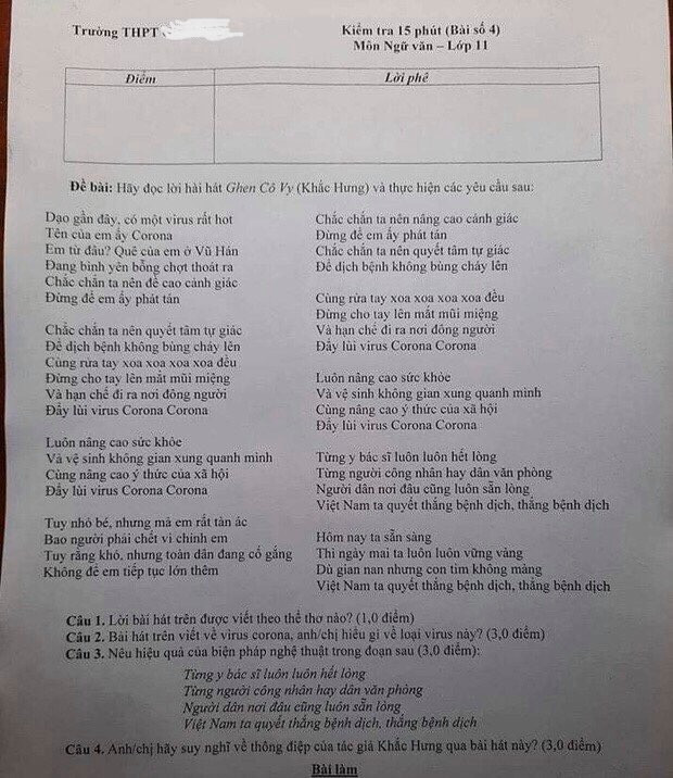 Đề kiểm tra 15 phút môn Ngữ văn lớp 11 "bắt trend" Covid-19 nhận được nhiều sự quan tâm của nhiều người.
