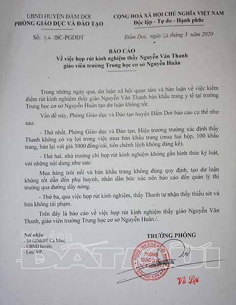 Văn bản của Phòng Giáo dục và Đào tạo huyện Đầm Dơi báo cáo về vụ việc. (Ảnh: baoanhdatmui.vn) Văn bản của Phòng Giáo dục và Đào tạo huyện Đầm Dơi báo cáo về vụ việc. (Ảnh: baoanhdatmui.vn)