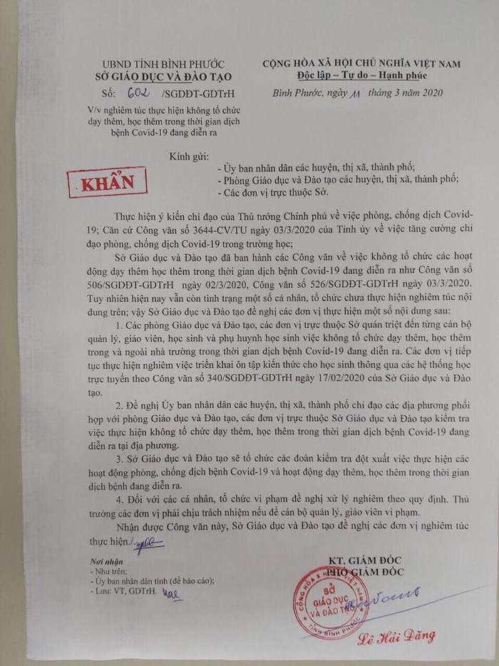 Sở Giáo dục và Đào tạo Bình Phước sẽ xử lí nghiêm những cá nhân, tổ chức vi phạm dạy thêm, học thêm trong thời gian dịch bệnh Covid-19 đang diễn ra. Sở Giáo dục và Đào tạo Bình Phước sẽ xử lí nghiêm những cá nhân, tổ chức vi phạm dạy thêm, học thêm trong thời gian dịch bệnh Covid-19 đang diễn ra.