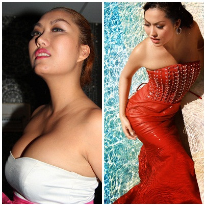 "Nữ hoàng dao kéo" Phương Trinh có lẽ đã phải viện trợ tới dao kéo thêm nhiều lần, vì vòng 1 của cô lúc thì phồng, khi thì xẹp bất thường.