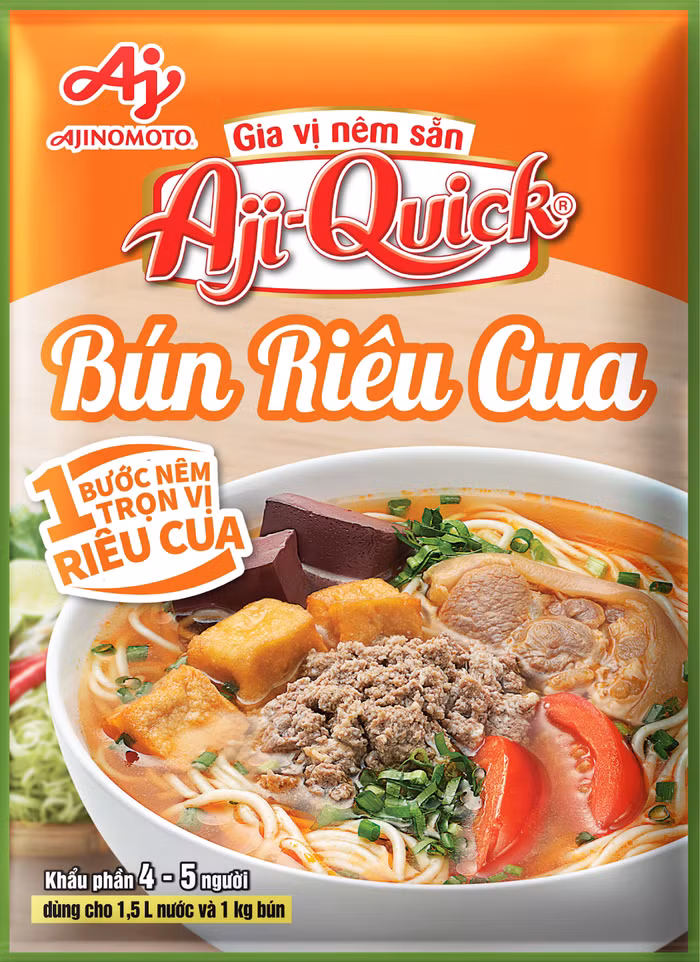 Bao bì sản phẩm Gia vị nêm sẵn Aji-Quick® Bún Riêu Cua của Ajinomoto Việt Nam.