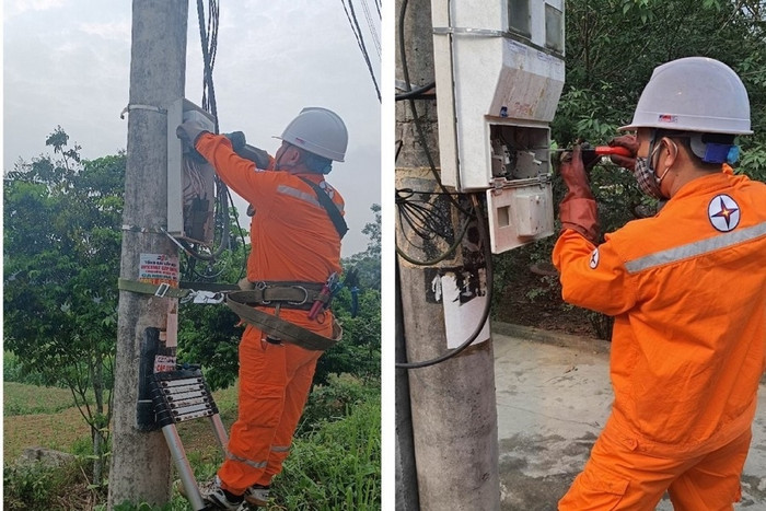 Các cán bộ công nhân viên đang thay thế công tơ cơ khí sang công tơ điện tử PCTQ chuyen doi so dvkh 2