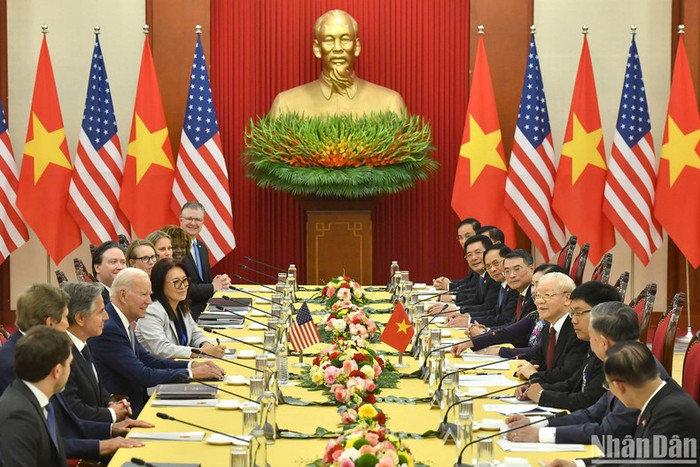 Tổng Bí thư Nguyễn Phú Trọng hội đàm với Tổng thống Hoa Kỳ Joe Biden, chiều 10/9/2023. (Ảnh: Đăng Khoa) Tổng Bí thư Nguyễn Phú Trọng hội đàm với Tổng thống Hoa Kỳ Joe Biden, chiều 10/9/2023. (Ảnh: Đăng Khoa)
