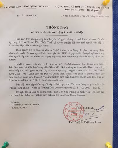 Thông báo số 05 của Trường Kent về "Hội Thánh Đức Chúa Trời" (ảnh: P.L) Thông báo số 05 của Trường Kent về "Hội Thánh Đức Chúa Trời" (ảnh: P.L)